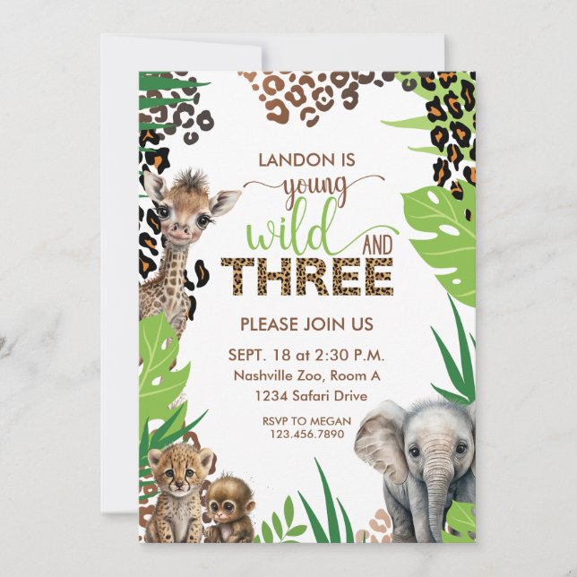 Animal Safari Third Birthday Young Wild and Three Invitation (Front)
