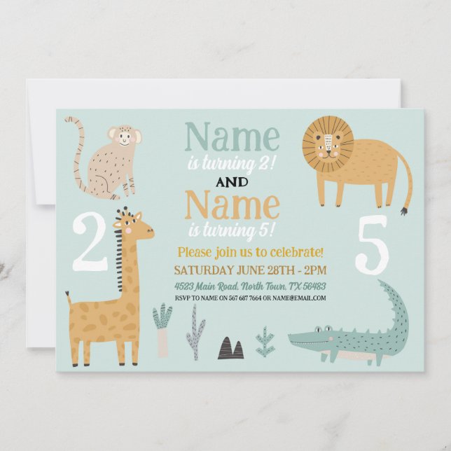 Animal Shared Birthday Party Zoo Boy Girls Invitation (Front)