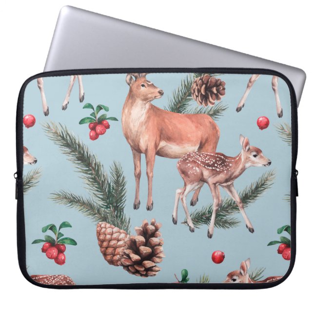 animal sketch pattern with deer pine cones and twi laptop sleeve (Front)