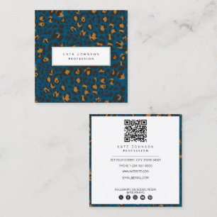 Animal Skin Leopard Print Pattern Blue QR Code  Square Business Card