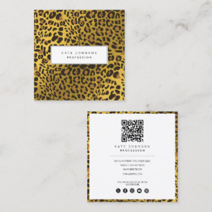 Animal Skin Leopard Print Pattern Gold QR Code Square Business Card