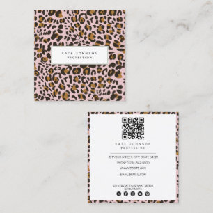 Animal Skin Leopard Print Pattern Pink QR Code Square Business Card