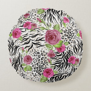 Animal Skin Print And Roses Round Cushion