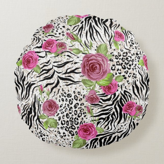Animal Skin Print And Roses Round Cushion (Front)