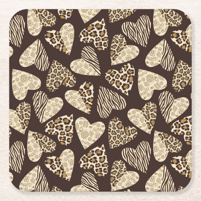 Animal skin with hearts square paper coaster (Front)