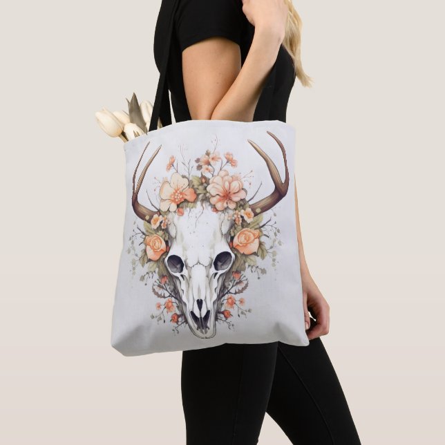 Animal Skull Delicate Flowers Tote Bag (Close Up)