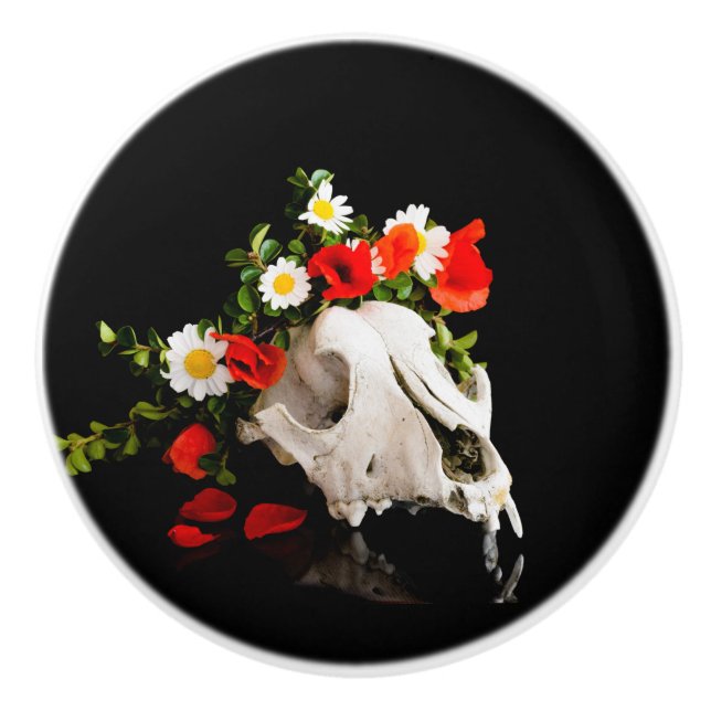 Animal skull with a wreath of wild flower ceramic knob (Front)