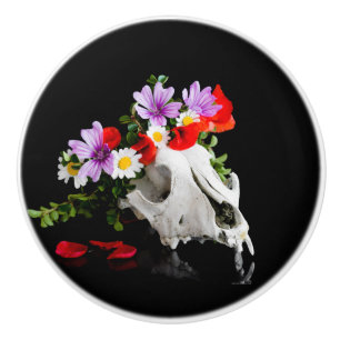 Animal skull with a wreath of wild flower ceramic knob