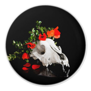 Animal skull with a wreath of wild flower ceramic knob