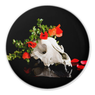 Animal skull with a wreath of wild flower ceramic knob