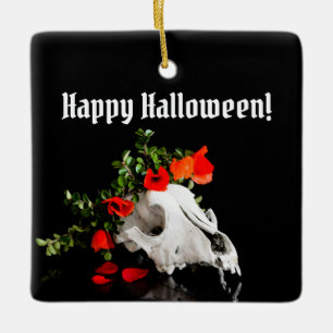 Animal skull with a wreath of wild flower ceramic ornament
