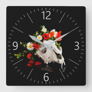 Animal skull with a wreath of wild flower square wall clock