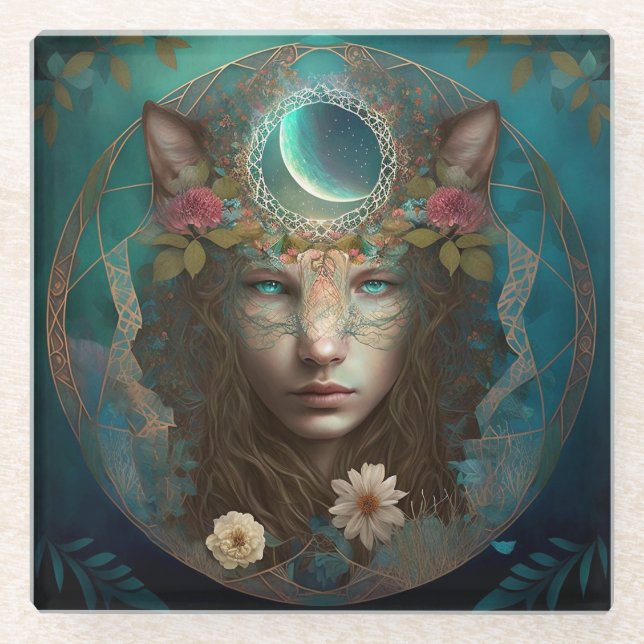 Animal Spirit Mystical Fantasy Art Glass Coaster (Front)