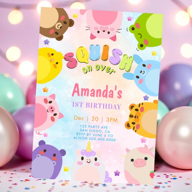 Animal Squish On Over Birthday Invitation (Creator Uploaded)