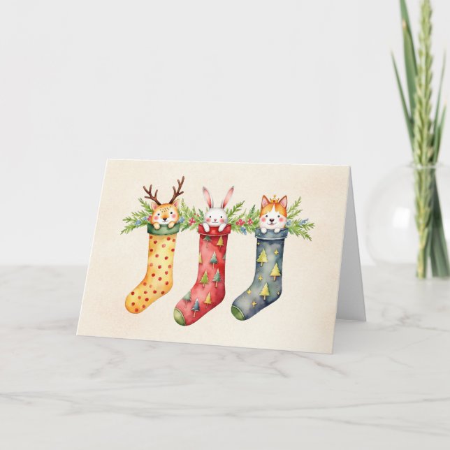 Animal Stockings Watercolor Christmas Card (Front)