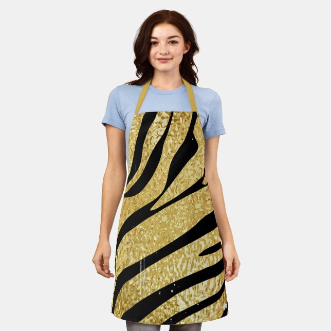 Animal Stripes Pattern, Tiger Black & Gold Glitter Apron (Worn)