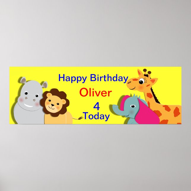 Animal Theme Happy Birthday Personalised Banner Poster (Front)
