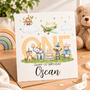 Animal-themed first birthday card for a boy