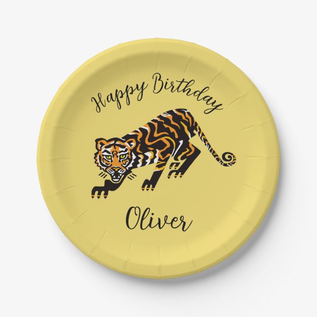 Animal -TIGER- Happy Birthday - Yellow Paper Plate (Front)
