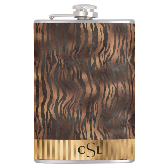 Animal Tiger Monogram Print Gold Elegant Metallic Hip Flask (Front)