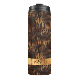 Animal Tiger Monogram Print Gold Elegant Metallic Thermal Tumbler