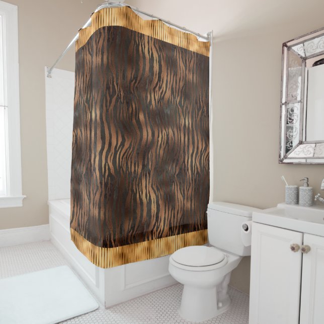 Animal Tiger Print Gold Name Elegant Metallic Glam Shower Curtain (In Situ)