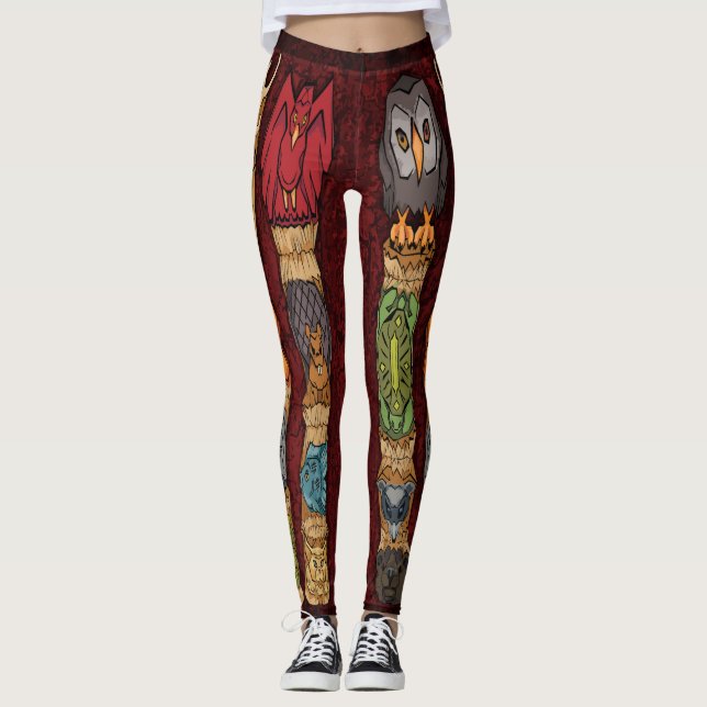 Animal Totem Pole Leggings - Red Background (Front)