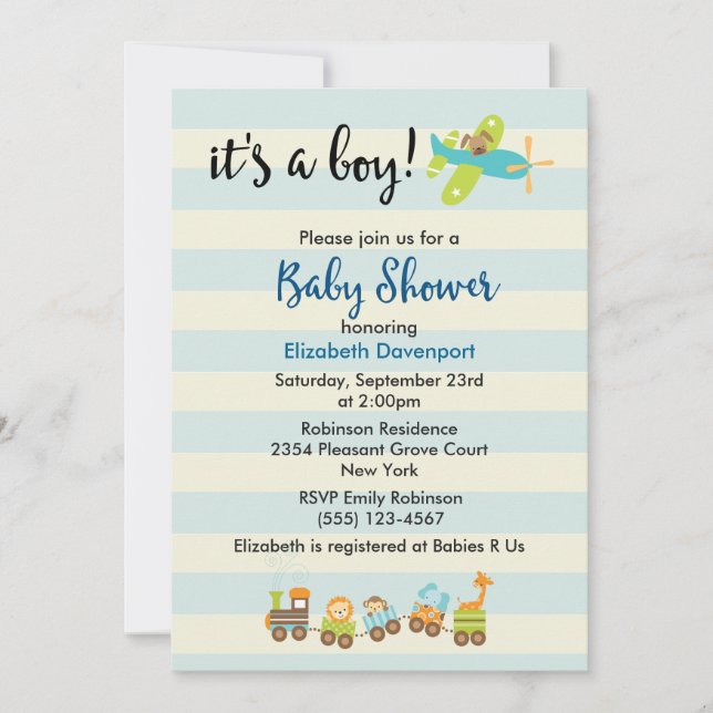 Animal Toy Train and Aeroplane Baby Boy Shower Invitation (Front)