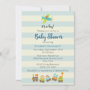 Animal Toy Train and Aeroplane Baby Boy Shower Invitation