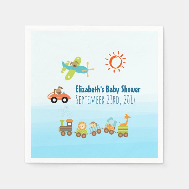 Animal Toy Train and Aeroplane Boy Baby Shower Napkin (Front)