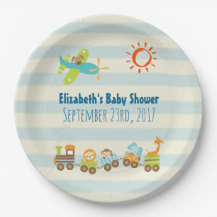 Animal Toy Train and Aeroplane Boy Baby Shower Paper Plate
