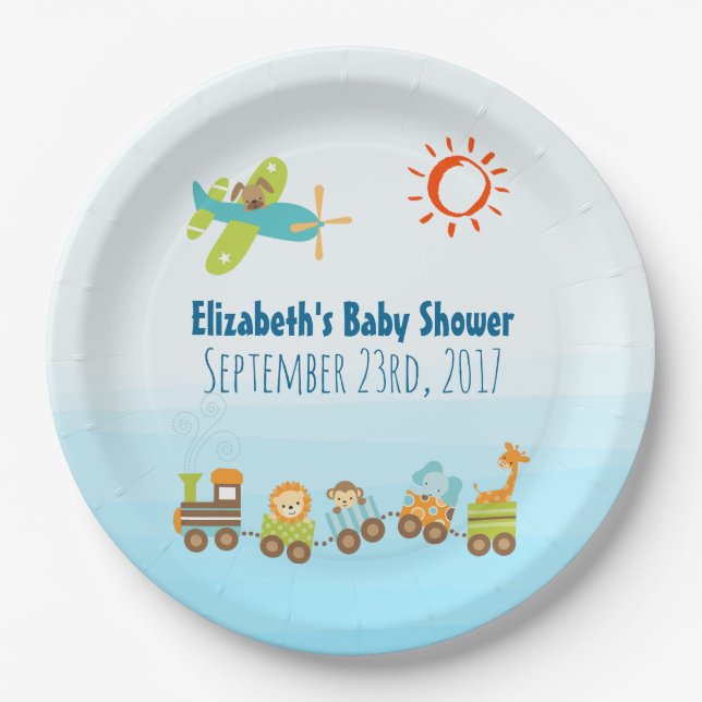 Animal Toy Train and Aeroplane Boy Baby Shower Paper Plate (Front)