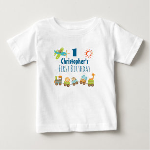 Animal Toy Train and Aeroplane First Birthday Baby T-Shirt
