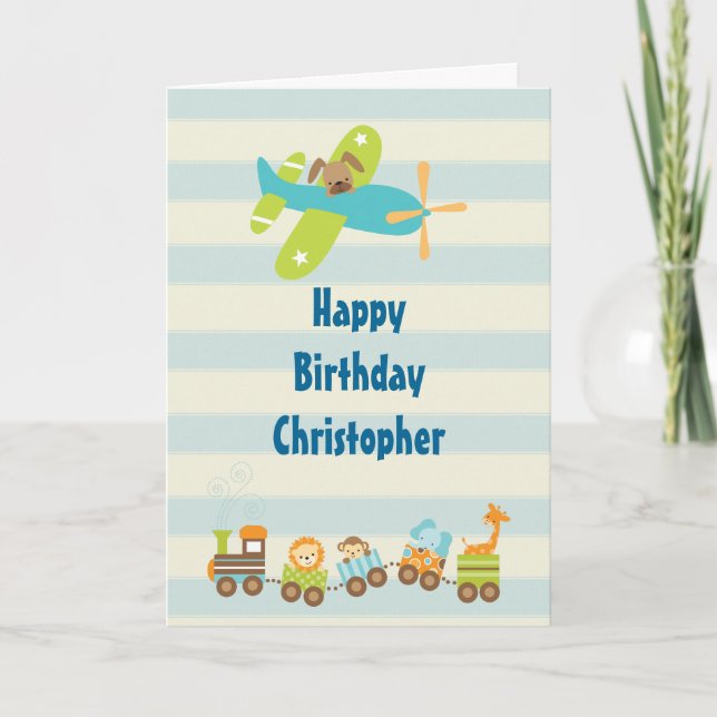 Animal Toy Train and Aeroplane on Stripes Birthday Card (Front)