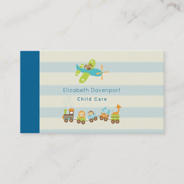 Animal Toy Train and Aeroplane on Stripes Business Card (Front)