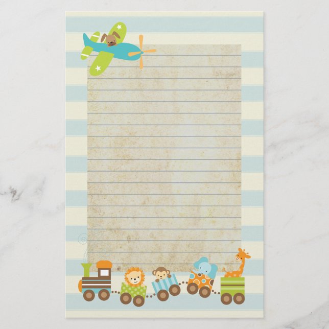 Animal Toy Train and Aeroplane on Stripes Stationery (Front)