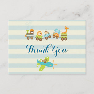 Animal Toy Train and Aeroplane on Stripes Thank Yo You Card