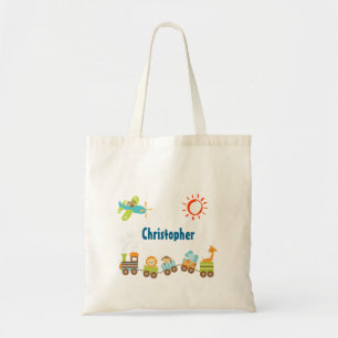 Animal Toy Train and Aeroplane Personalised Tote Bag