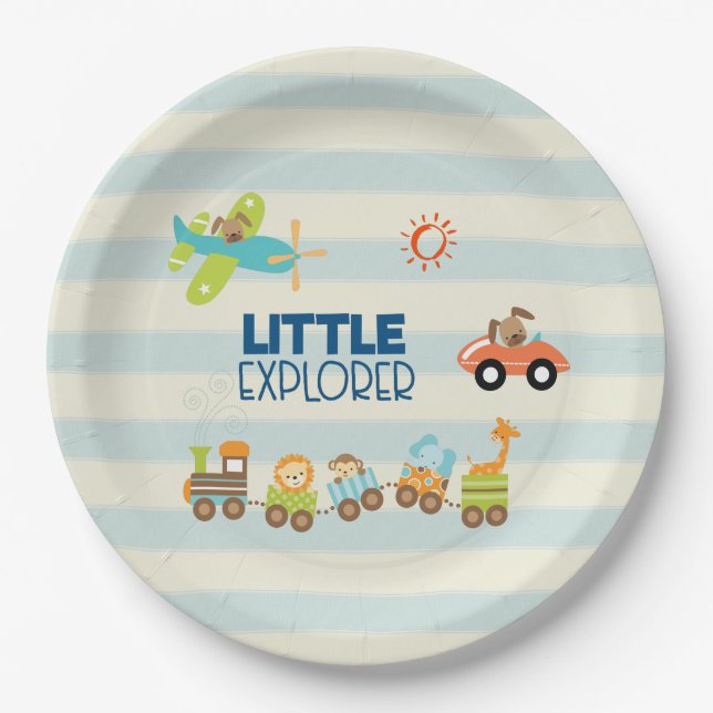 Animal Toy Train Car and Aeroplane Little Explorer Paper Plate (Front)