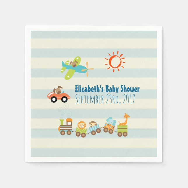Animal Toy Train, Car and Aeroplane on Stripes Napkin (Front)