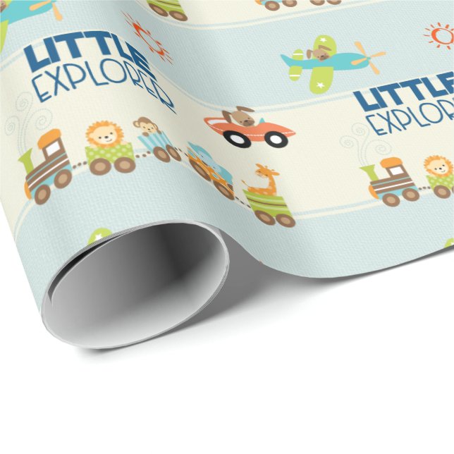 Animal Toy Train Car and Aeroplane on Stripes Wrapping Paper (Roll Corner)