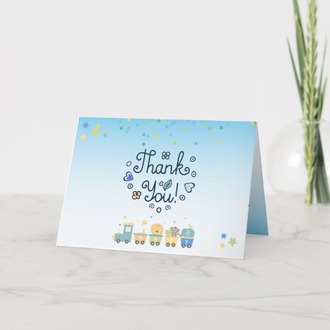 Animal Train Boys Blue Thank You Card (Front)