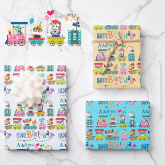 Animal Train Personalise Name Boy's Birthday 3 Wrapping Paper Sheet
