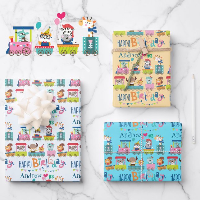 Animal Train Personalise Name Boy's Birthday 3 Wrapping Paper Sheet (Creator Uploaded)