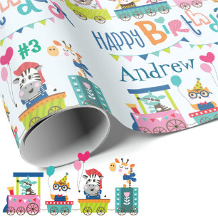 Animal Train Personalise Name Kids Birthday Wrapping Paper
