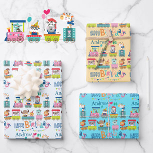 Animal Train Personalize Name Boy's Birthday 3 Wrapping Paper Sheet
