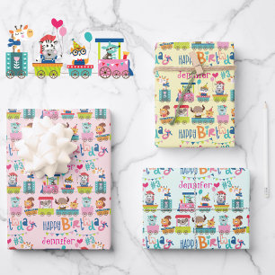 Animal Train Personalize Name Girls Birthday 3 Wrapping Paper Sheet