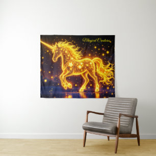 Animal unicorn fantasy gold luminous stars tapestry