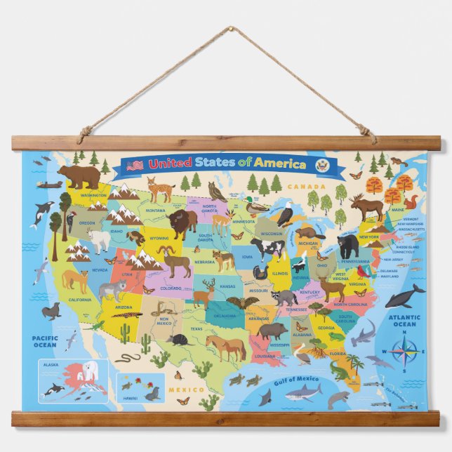 Animal US Map for Kids Wall Hanging Tapestry (Front)