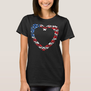 Animal USA Flag Cat Dog Paw Prints Hollow Heart T-Shirt